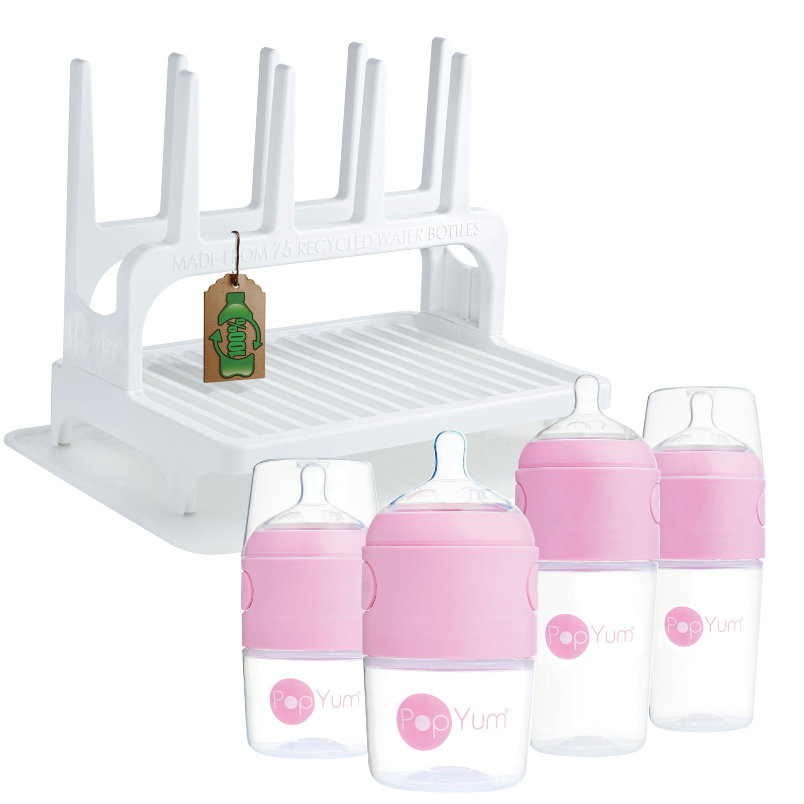 PopYum Pink Baby Bottle Set 4-Pack with White Drying Rack & Clear Drying Mat Bundle - PopYum