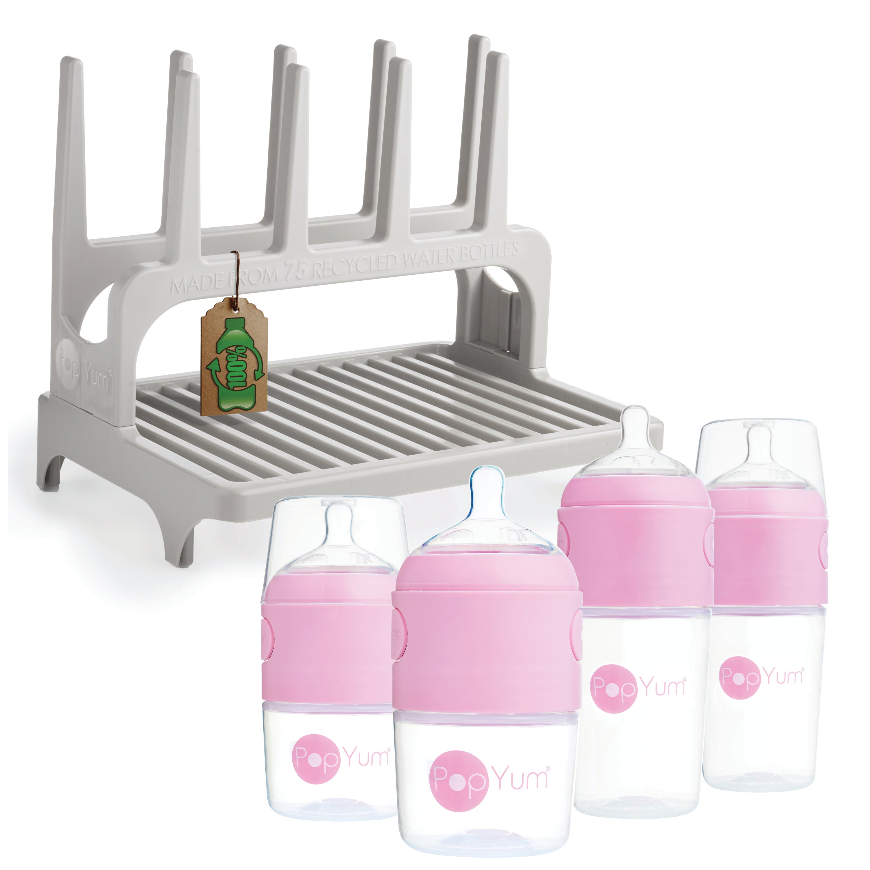 PopYum Pink Baby Bottle Set 4-Pack with Gray Drying Rack & Clear Drying Mat Bundle - PopYum