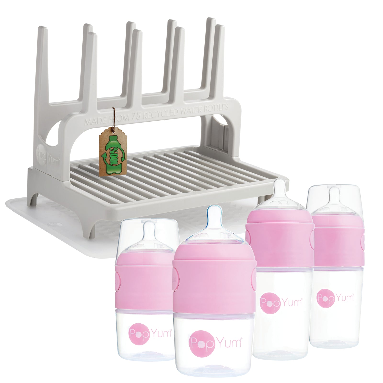 PopYum 9 oz Pink Formula Making Baby Bottle 3-Pk with Gray Drying Rack & Clear Drying Mat Bundle - PopYum