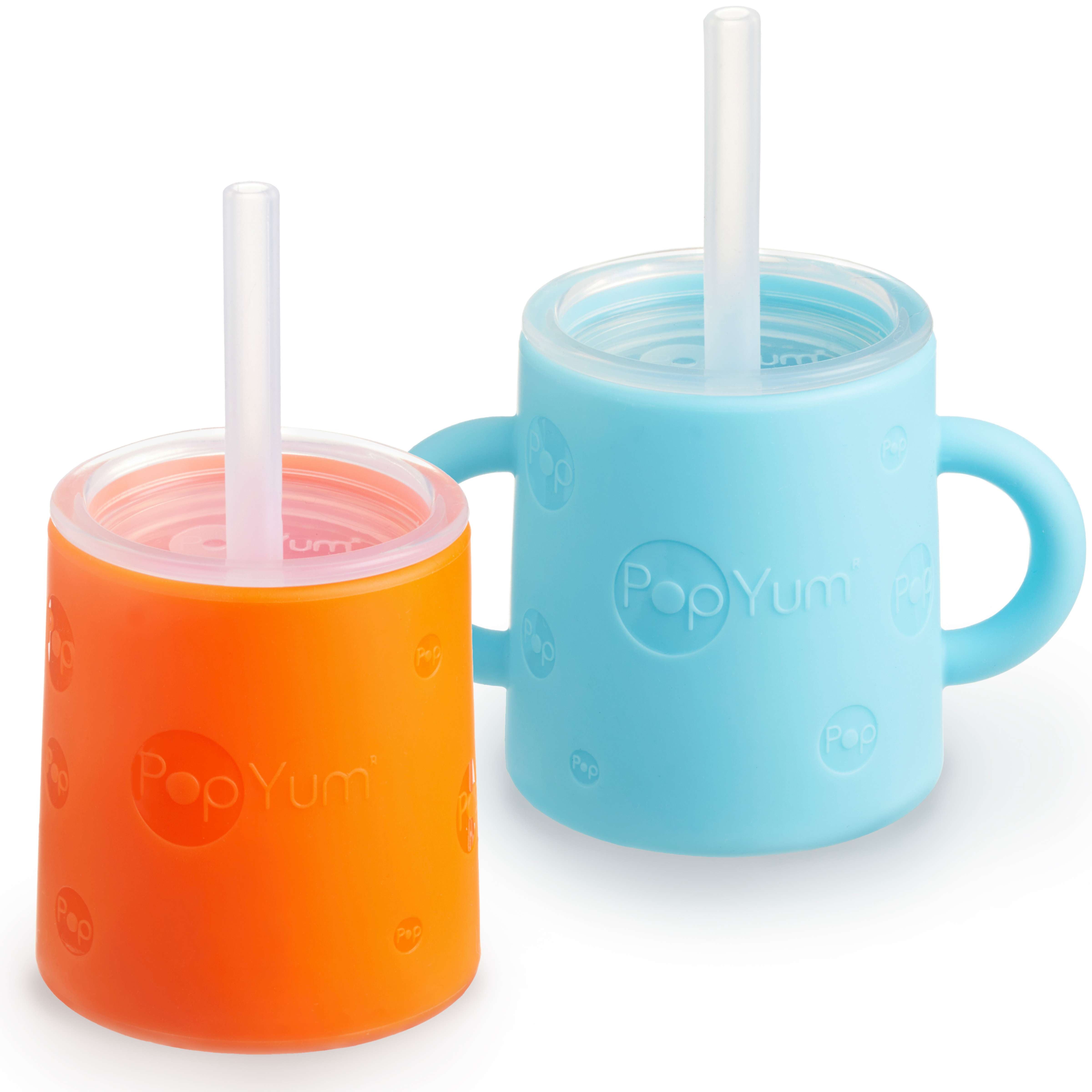 PopYum Silicone Training Cup with Straw + Lid 2-Pack for Baby, Infant and Toddler, Tumbler, Sippy, handles, 5 ounce (blue, orange) - PopYum