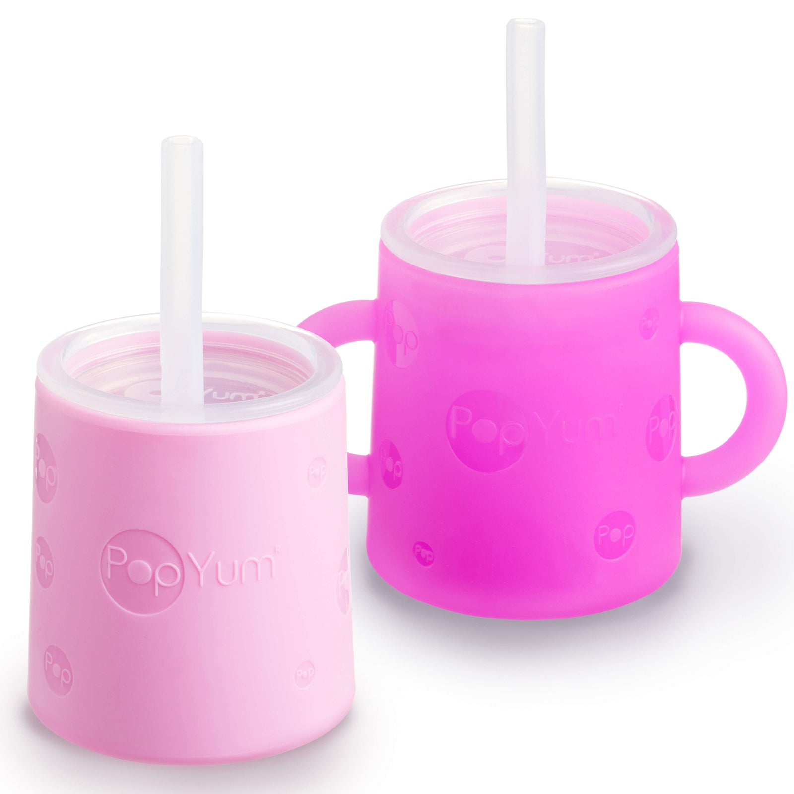 PopYum Silicone Training Cup with Straw Lid, 2-Pack for Baby, Infant and Toddler, Tumbler, Sippy, handles, 5 ounce (purple, pink) - PopYum