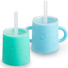 PopYum Silicone Training Cup with Straw Lid, 2-Pack for Baby, Infant and Toddler, Tumbler, Sippy, handles, 5 ounce (blue, green) - PopYum