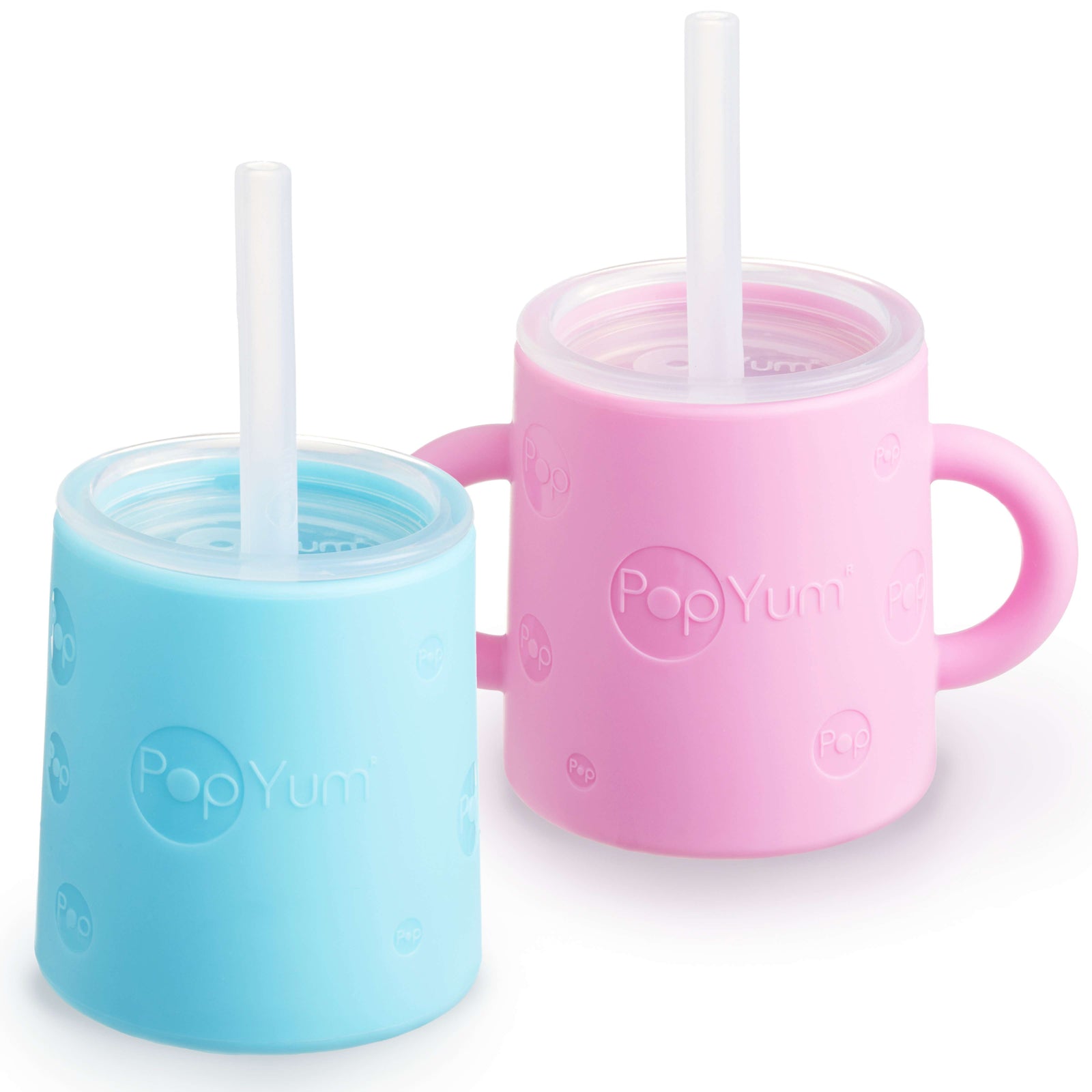 PopYum Silicone Training Cup with Straw Lid 2-Pack for Baby, Infant and Toddler, Tumbler, Sippy, handles, 5 ounce (blue, pink) - PopYum