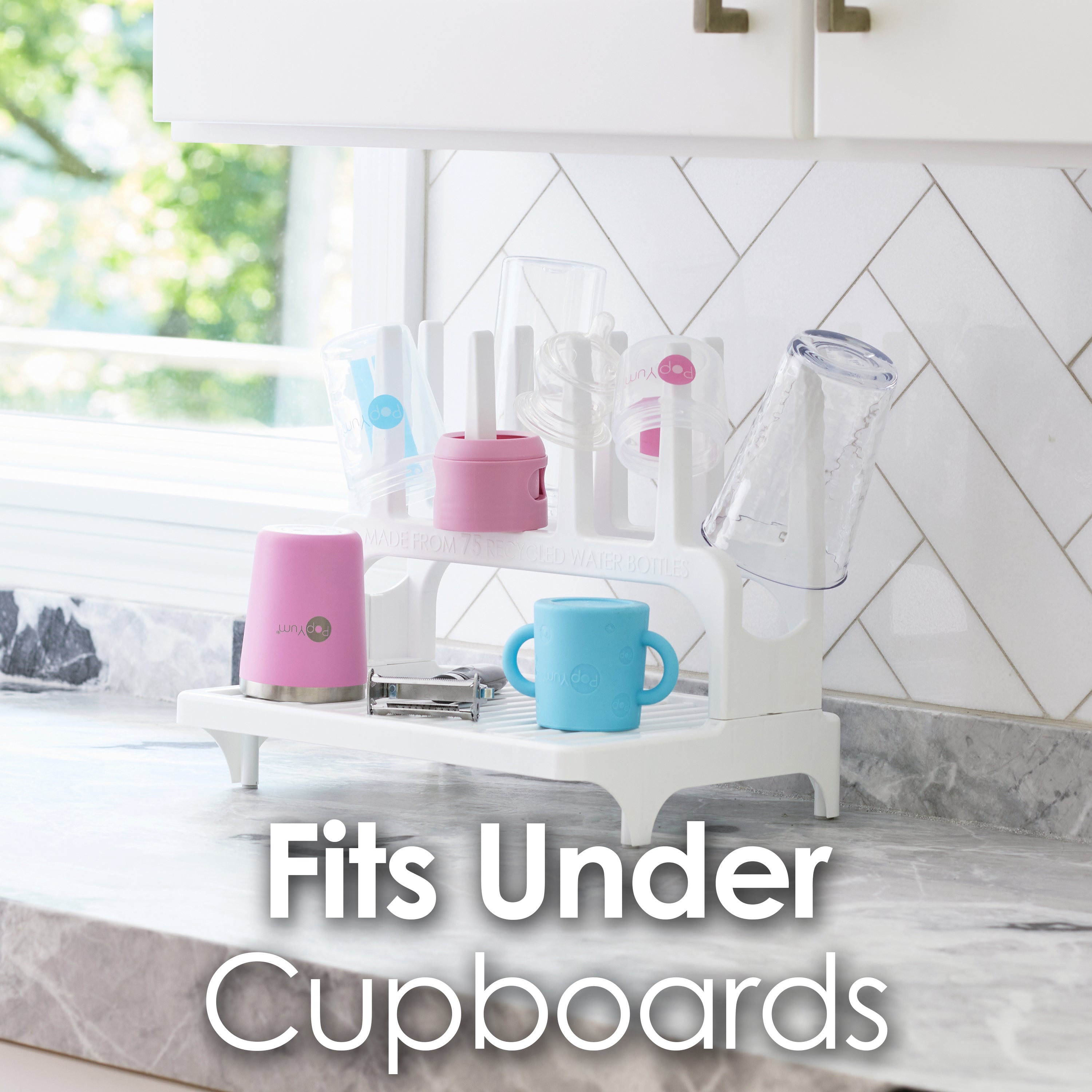 PopYum Seattle Gray Drying Rack from 100% Recycled Bottles with Silicone Drying Mat, countertop for Baby Bottle, Plastic Bags, Cups, Compact - PopYum