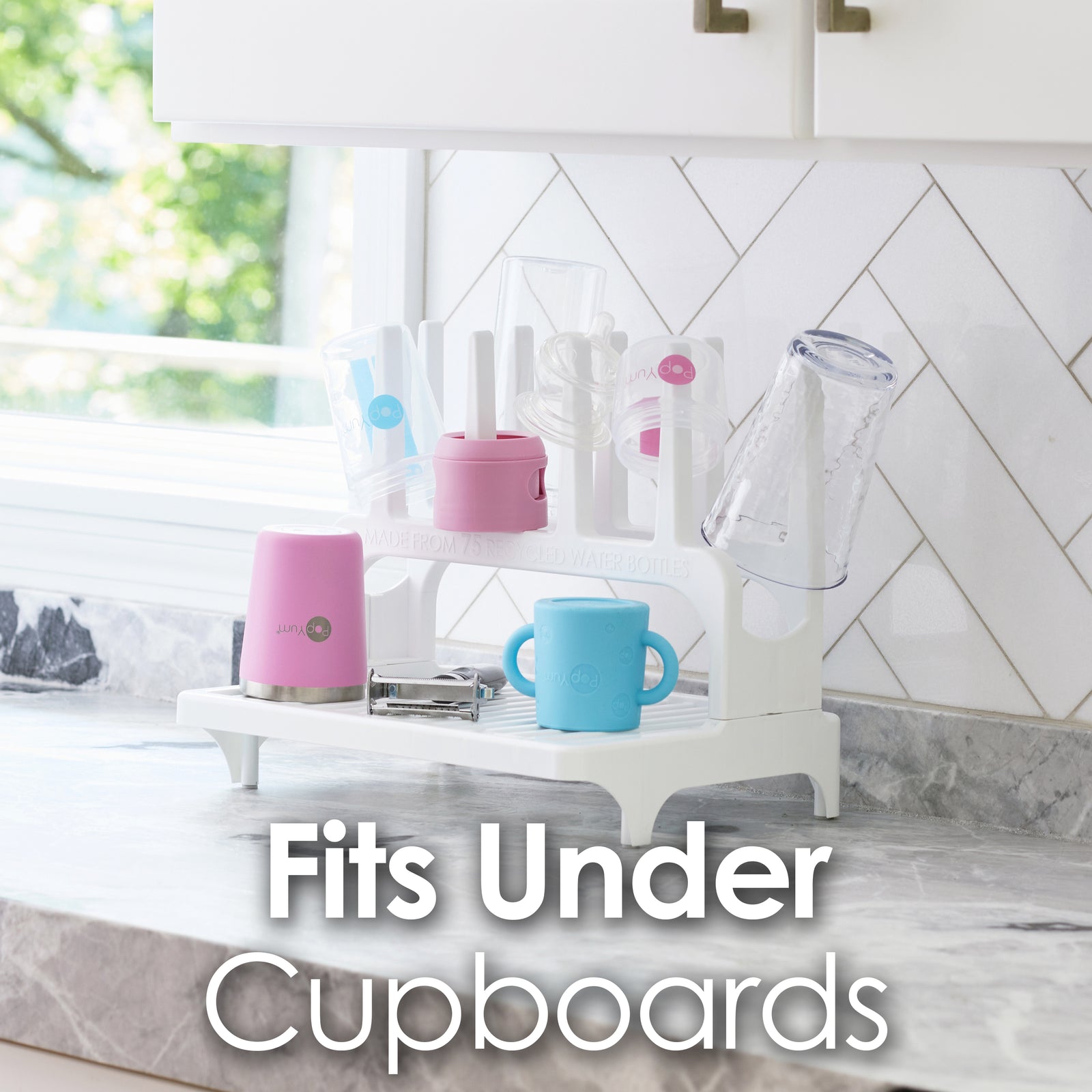 PopYum Seattle Gray Drying Rack from 100% Recycled Bottles with Silicone Drying Mat, countertop for Baby Bottle, Plastic Bags, Cups, Compact - PopYum