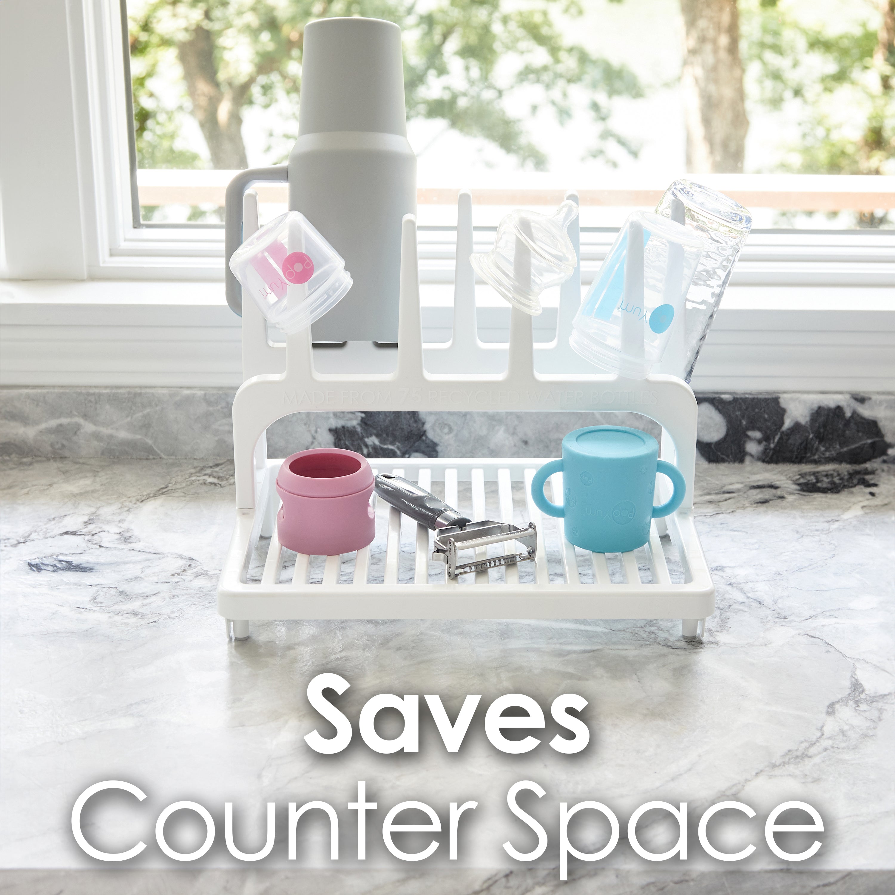PopYum Glacier White Space Saving Drying Rack from 100% Recycled Bottles, countertop for Baby Bottles, Plastic Bags, Cups, Glass, tumblers, Compact - PopYum