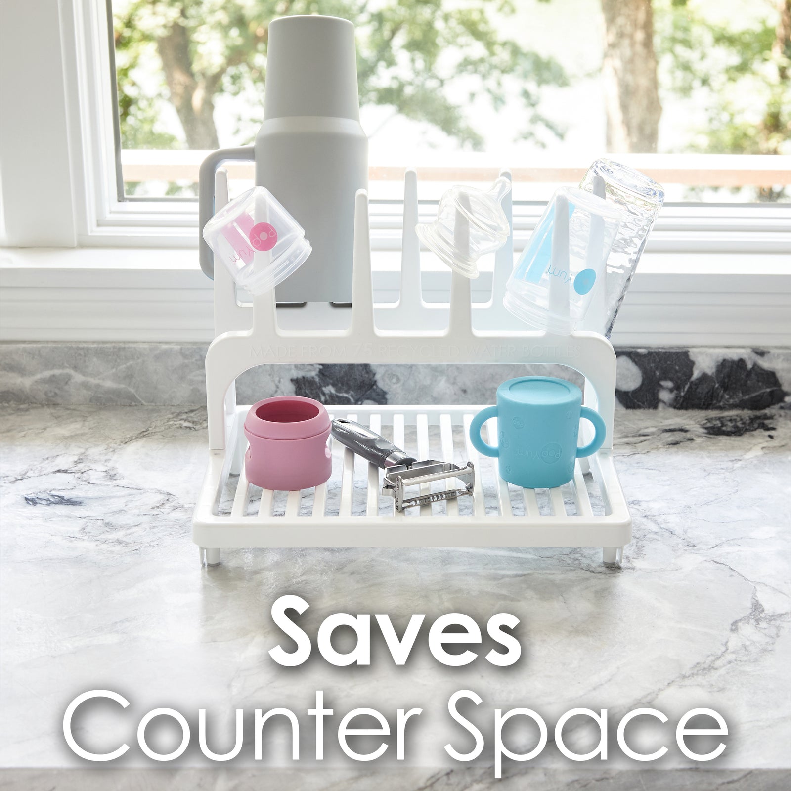 PopYum Glacier White Space Saving Drying Rack from 100% Recycled Bottles, countertop for Baby Bottles, Plastic Bags, Cups, Glass, tumblers, Compact - PopYum