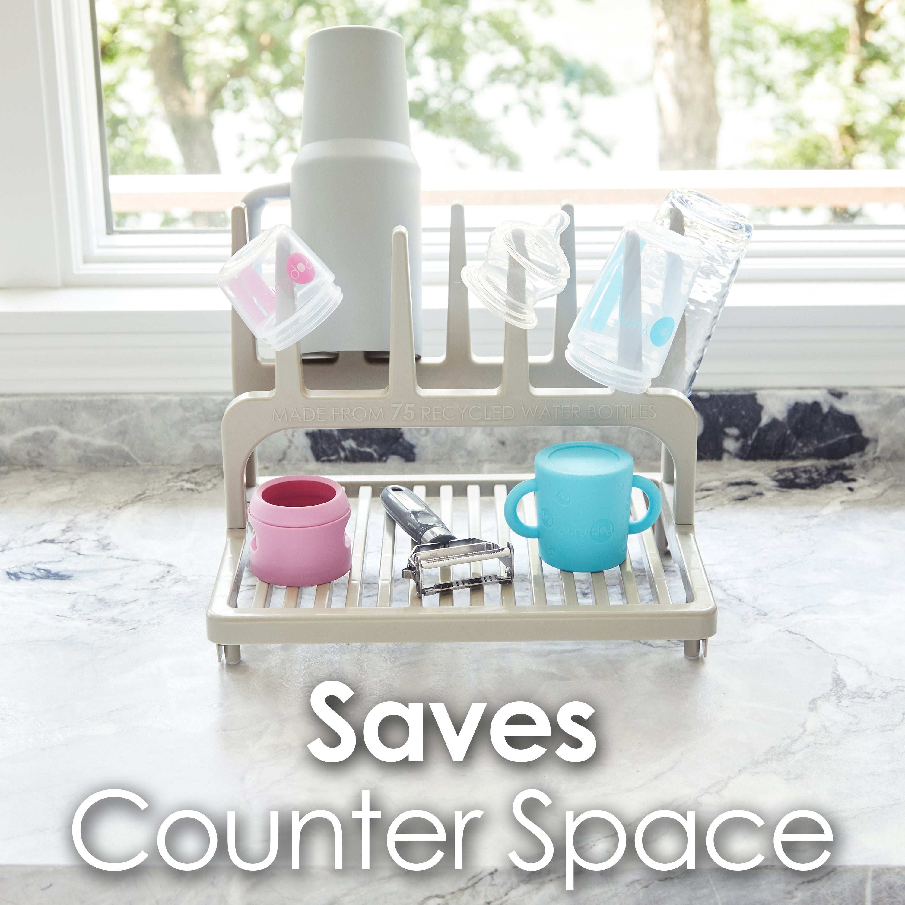 PopYum Seattle Gray Space Saving Drying Rack from 100% Recycled Bottles, countertop for Baby Bottle, Plastic Bags, Cups, Glass, tumblers, Compact - PopYum