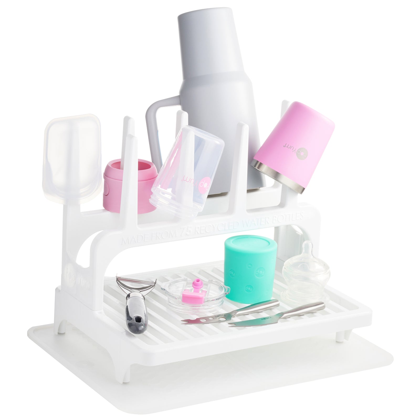 PopYum Glacier White Drying Rack from 100% Recycled Bottles with Silicone Drying Mat, countertop for Baby Bottles, Plastic Bags, Cups, Compact - PopYum
