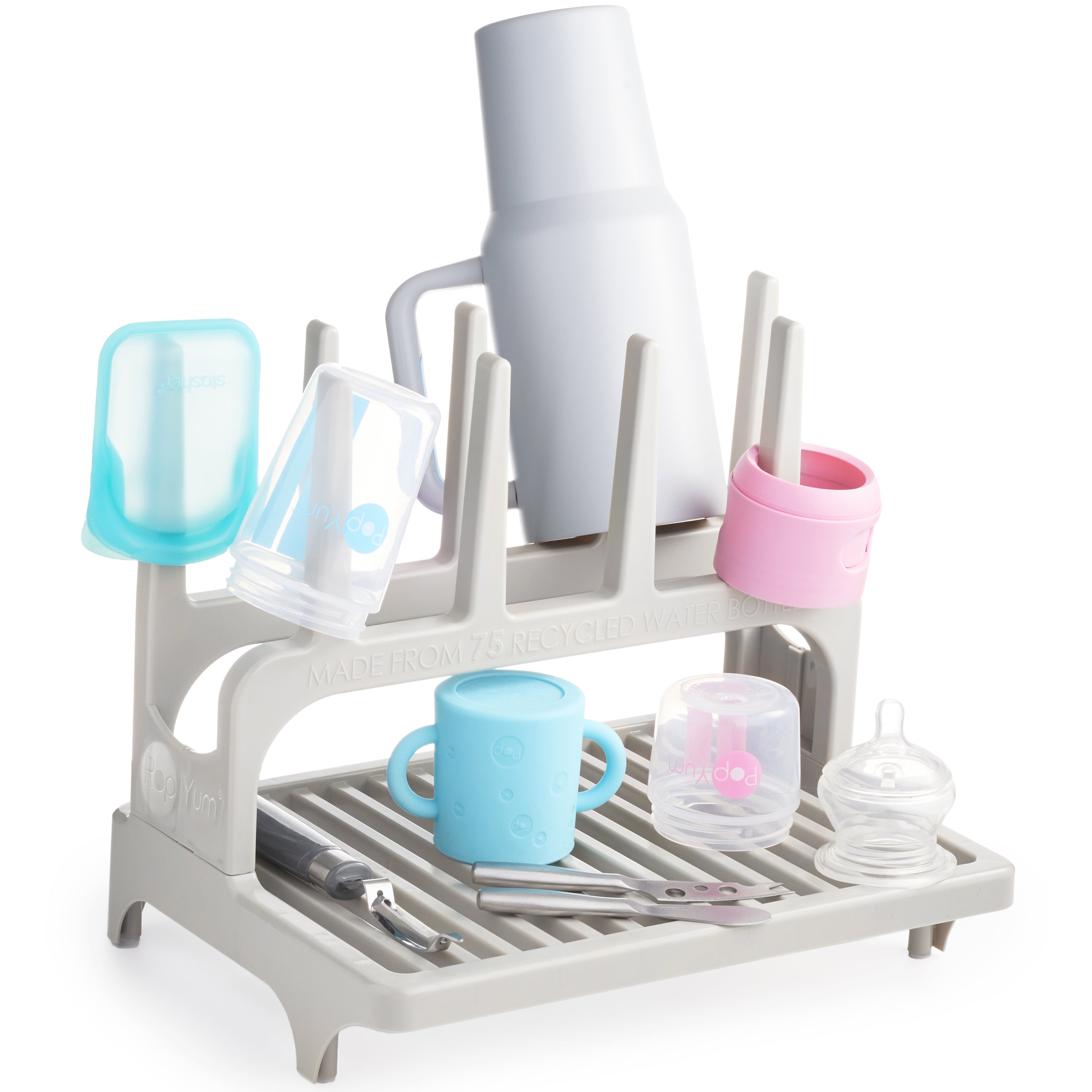 PopYum Seattle Gray Space Saving Drying Rack from 100% Recycled Bottles, countertop for Baby Bottle, Plastic Bags, Cups, Glass, tumblers, Compact - PopYum