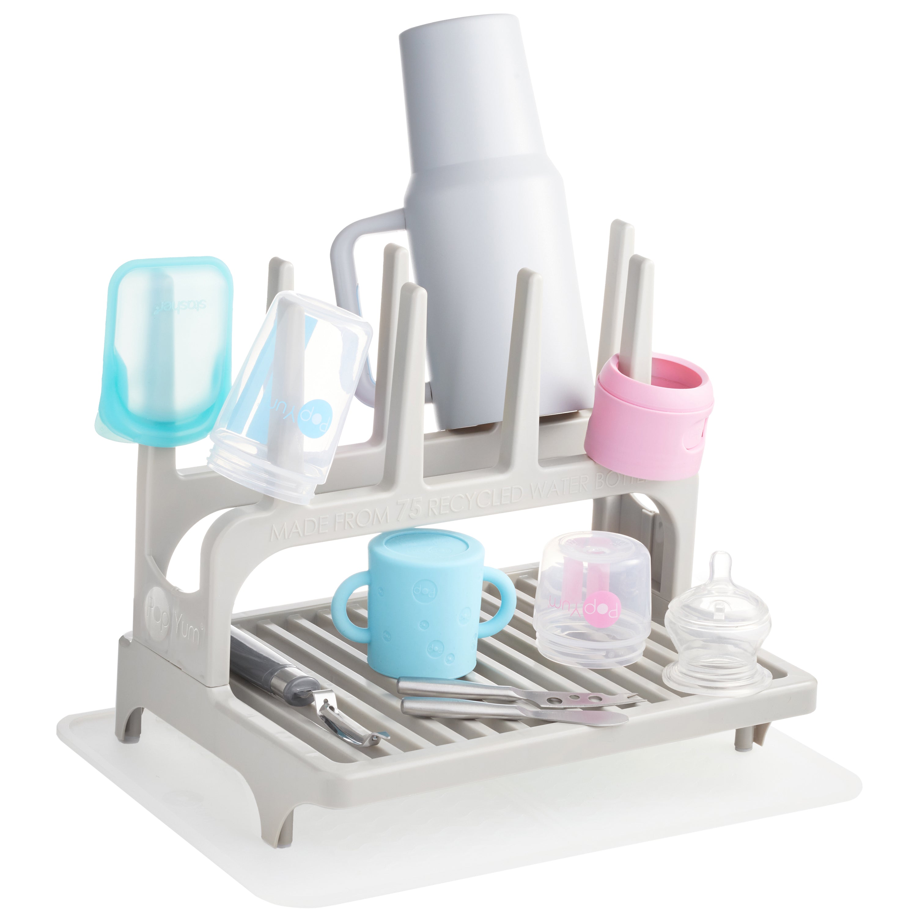 PopYum Seattle Gray Drying Rack from 100% Recycled Bottles with Silicone Drying Mat, countertop for Baby Bottle, Plastic Bags, Cups, Compact - PopYum