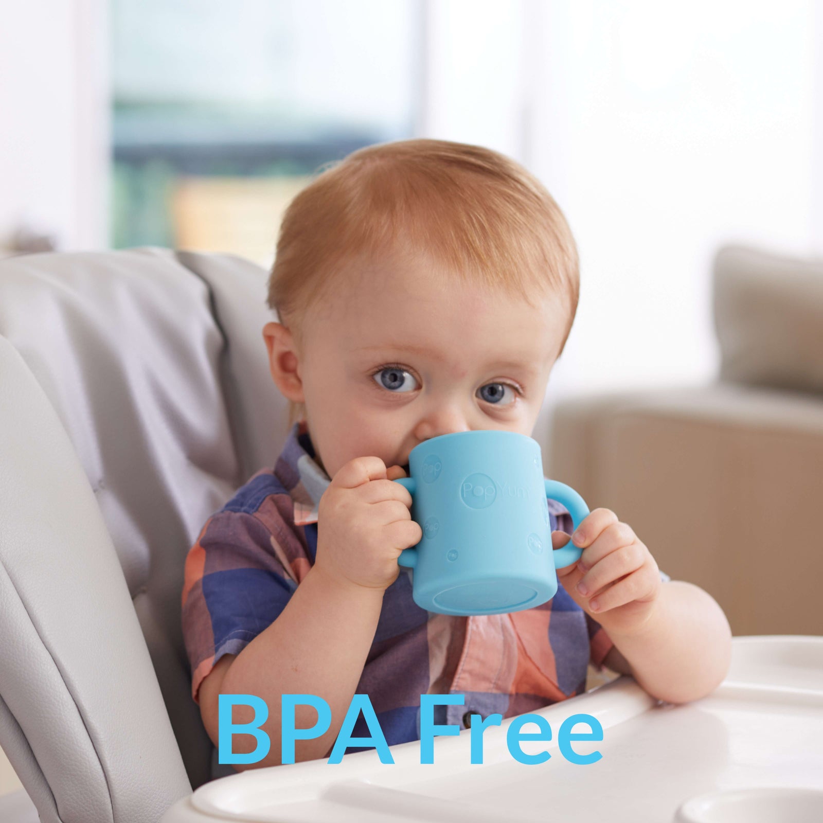 PopYum Silicone Training Cup 2-Pack for Baby and Toddler, handles, BPA Free, self feeding training, tumbler (sky blue and PopYum orange) - PopYum