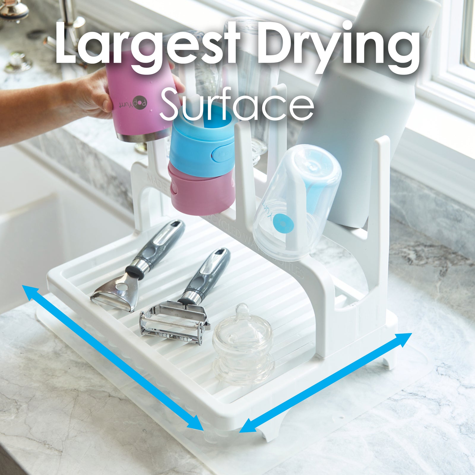 PopYum Glacier White Space Saving Drying Rack from 100% Recycled Bottles, countertop for Baby Bottles, Plastic Bags, Cups, Glass, tumblers, Compact - PopYum