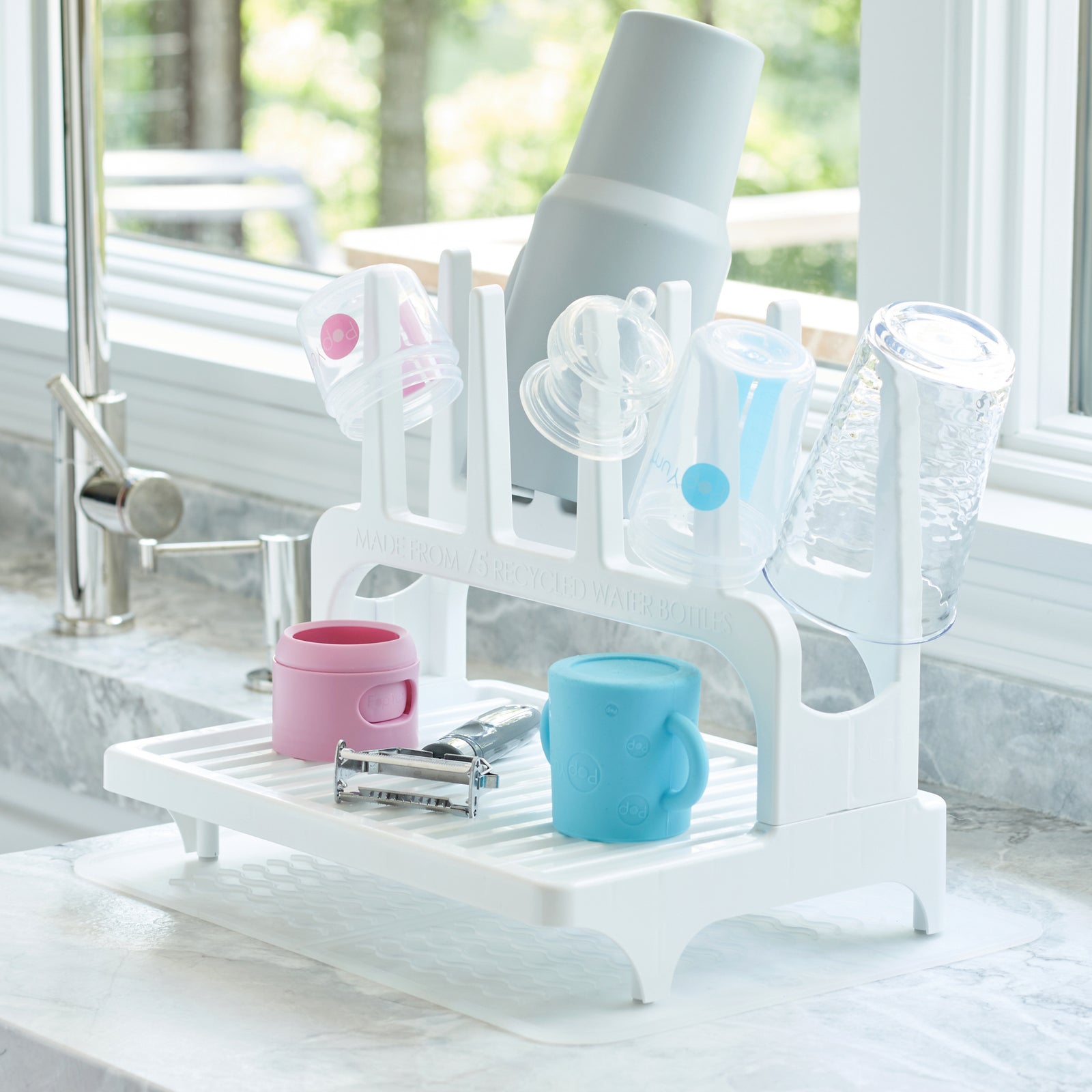 PopYum Blue Baby Bottle Set 4-Pack with White Drying Rack & Clear Drying Mat Bundle - PopYum