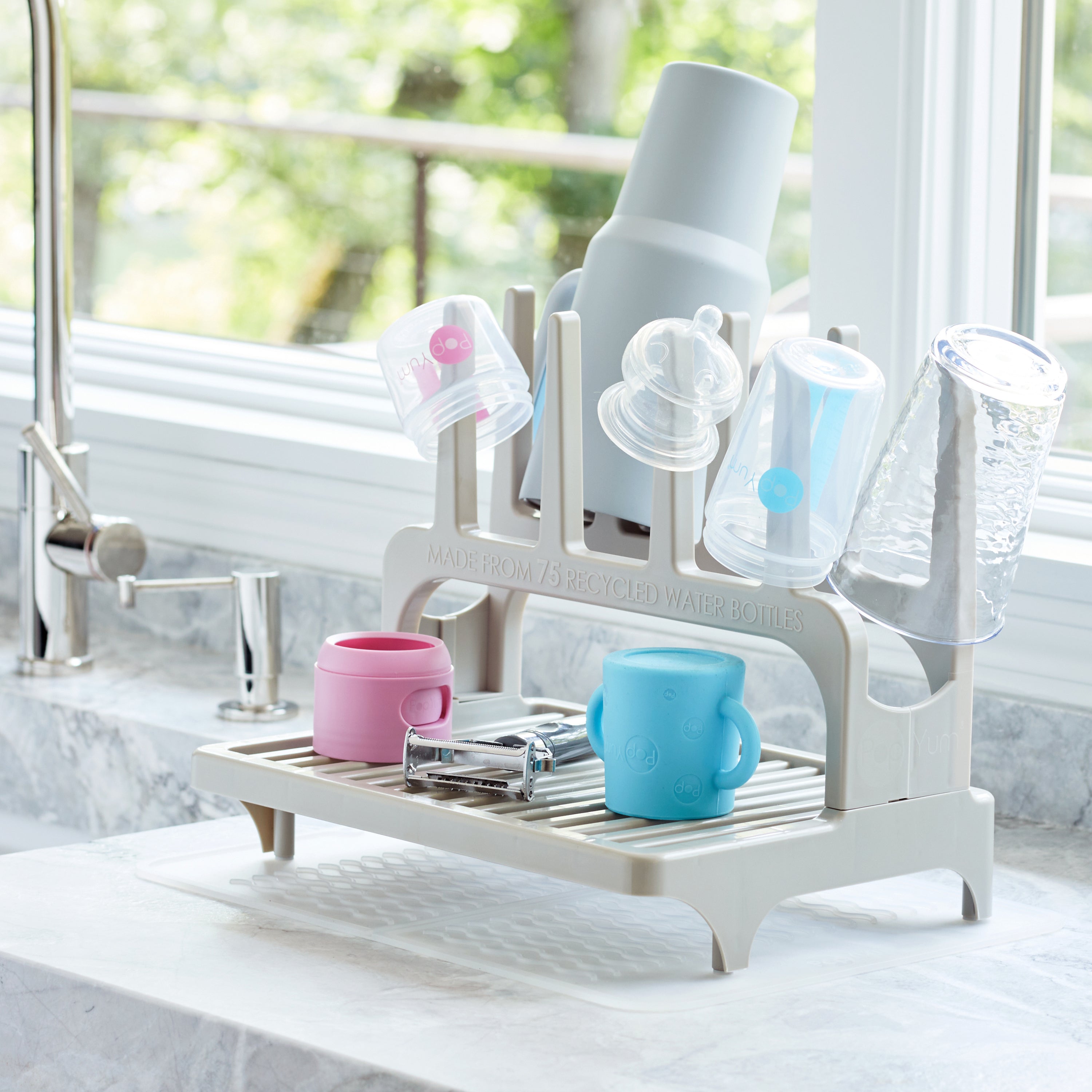 PopYum 9 oz Blue Formula Making Baby Bottle 3-Pk with Gray Drying Rack & Clear Drying Mat Bundle - PopYum