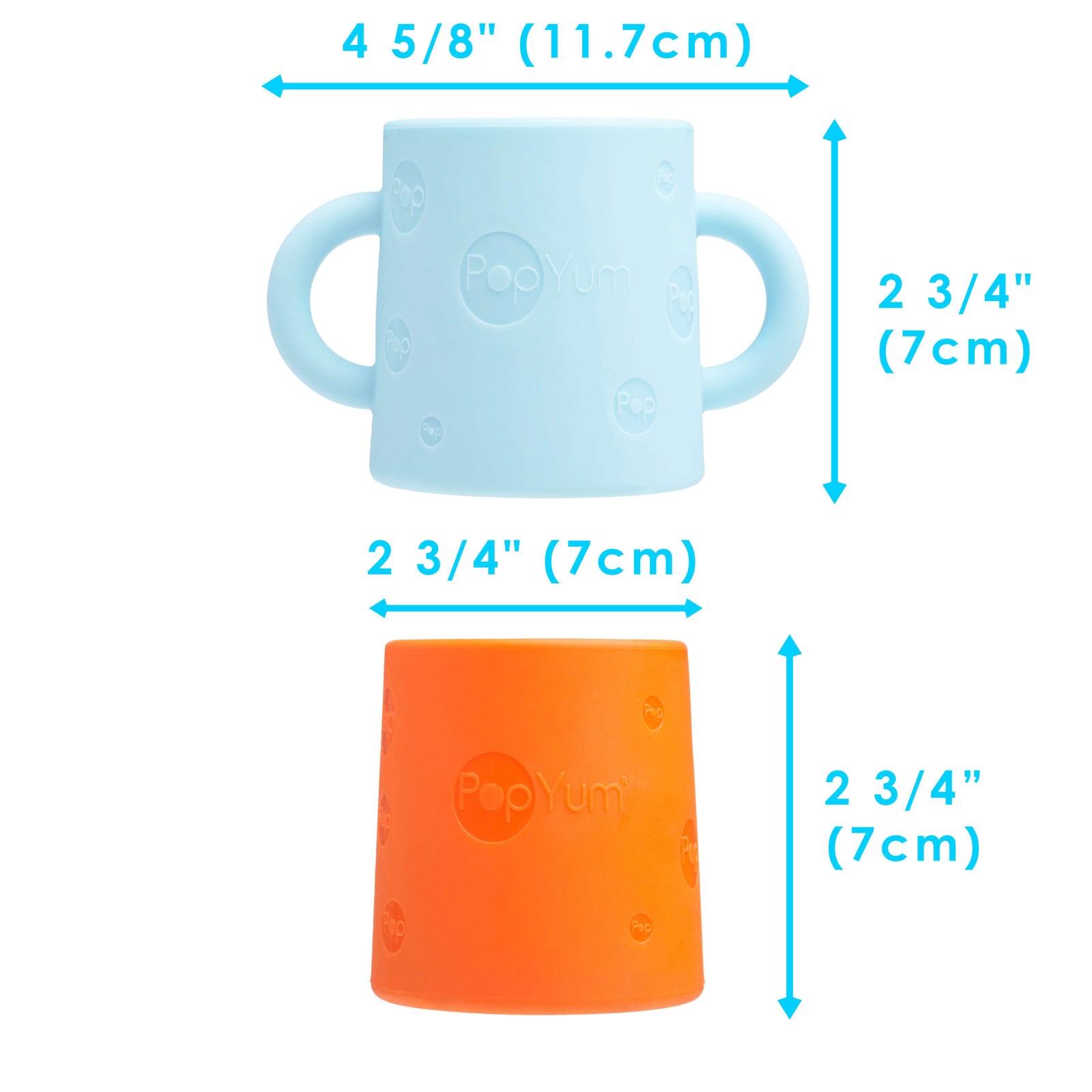 PopYum Silicone Training Cup 2-Pack for Baby and Toddler, handles, BPA Free, self feeding training, tumbler (sky blue and PopYum orange) - PopYum