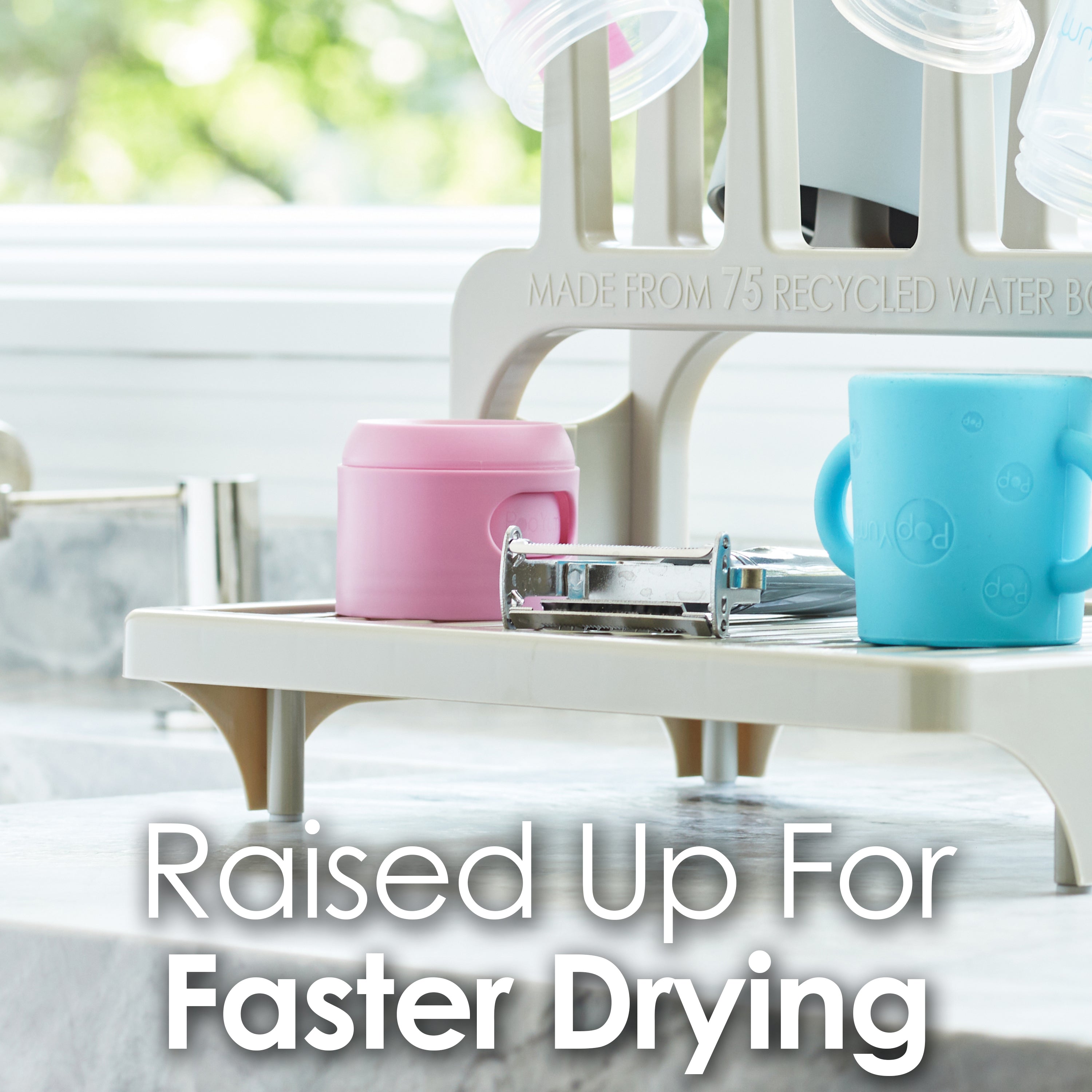 PopYum Glacier White Space Saving Drying Rack from 100% Recycled Bottles, countertop for Baby Bottles, Plastic Bags, Cups, Glass, tumblers, Compact - PopYum