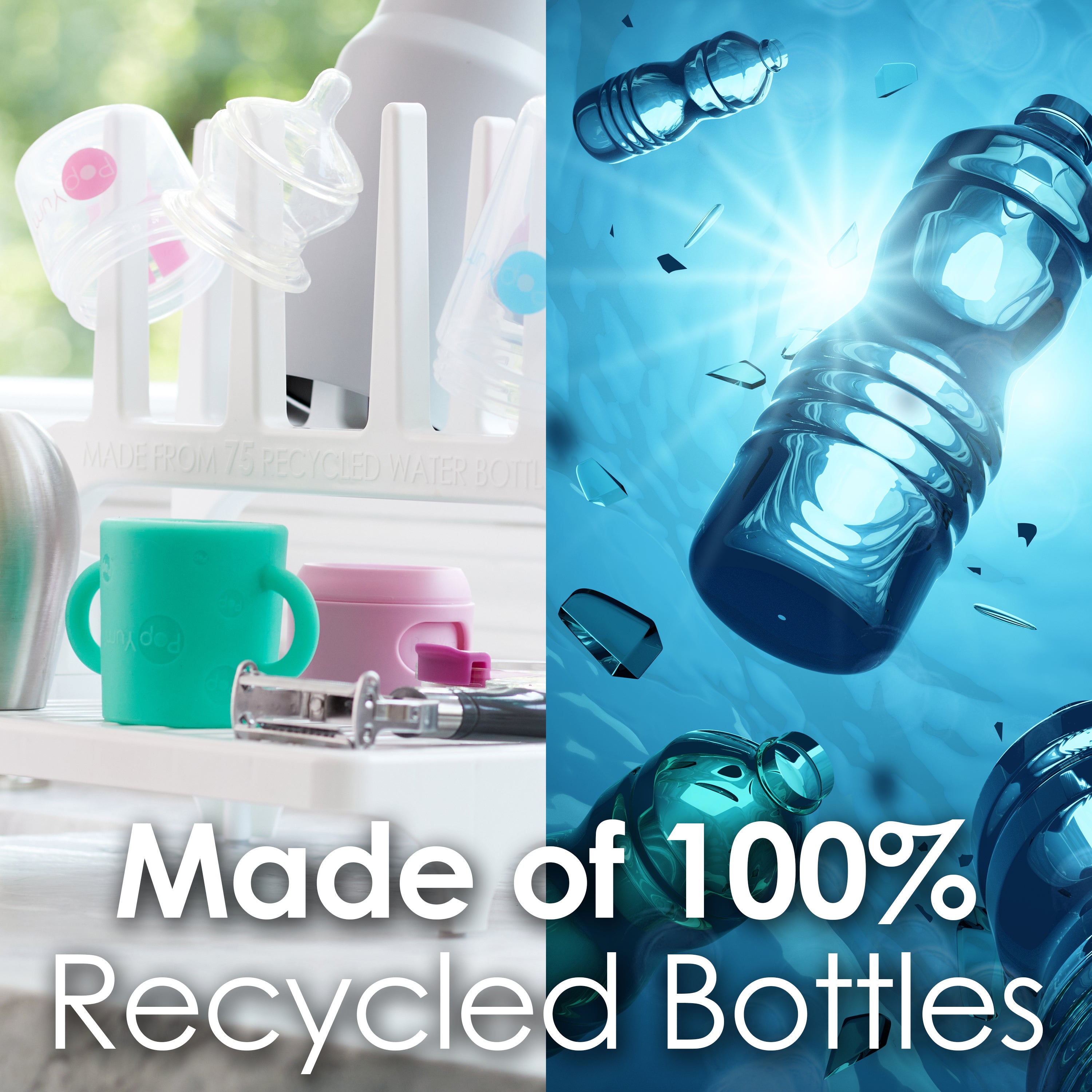 PopYum 9 oz Blue Formula Making Baby Bottle 3-Pk with White Drying Rack & Clear Drying Mat Bundle - PopYum