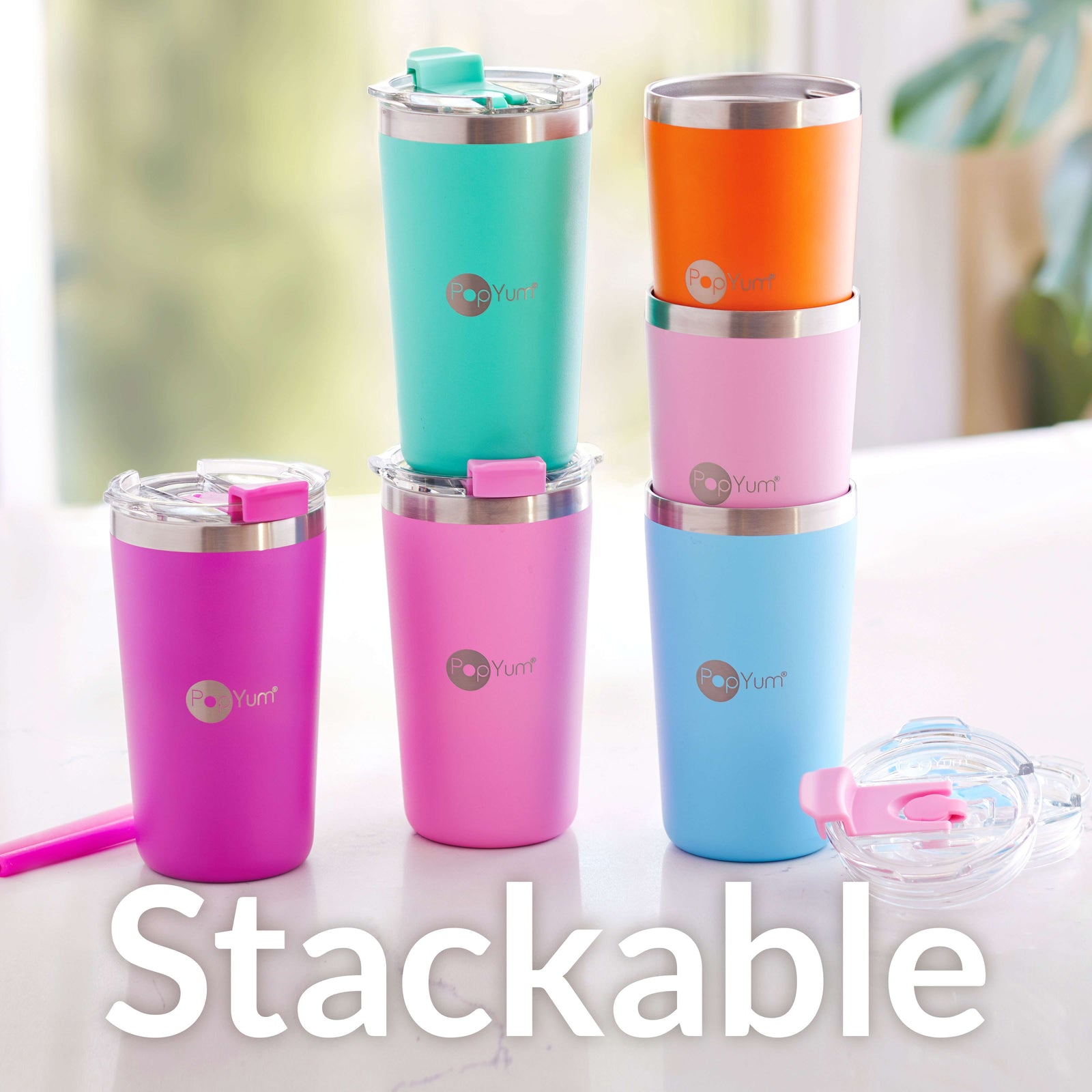 PopYum 13oz Insulated Stainless Steel Kids’ Cups with Lid and Straw, 2-Pack, Purple & Pink, stackable, sippy, baby, child, toddler, tumbler - PopYum