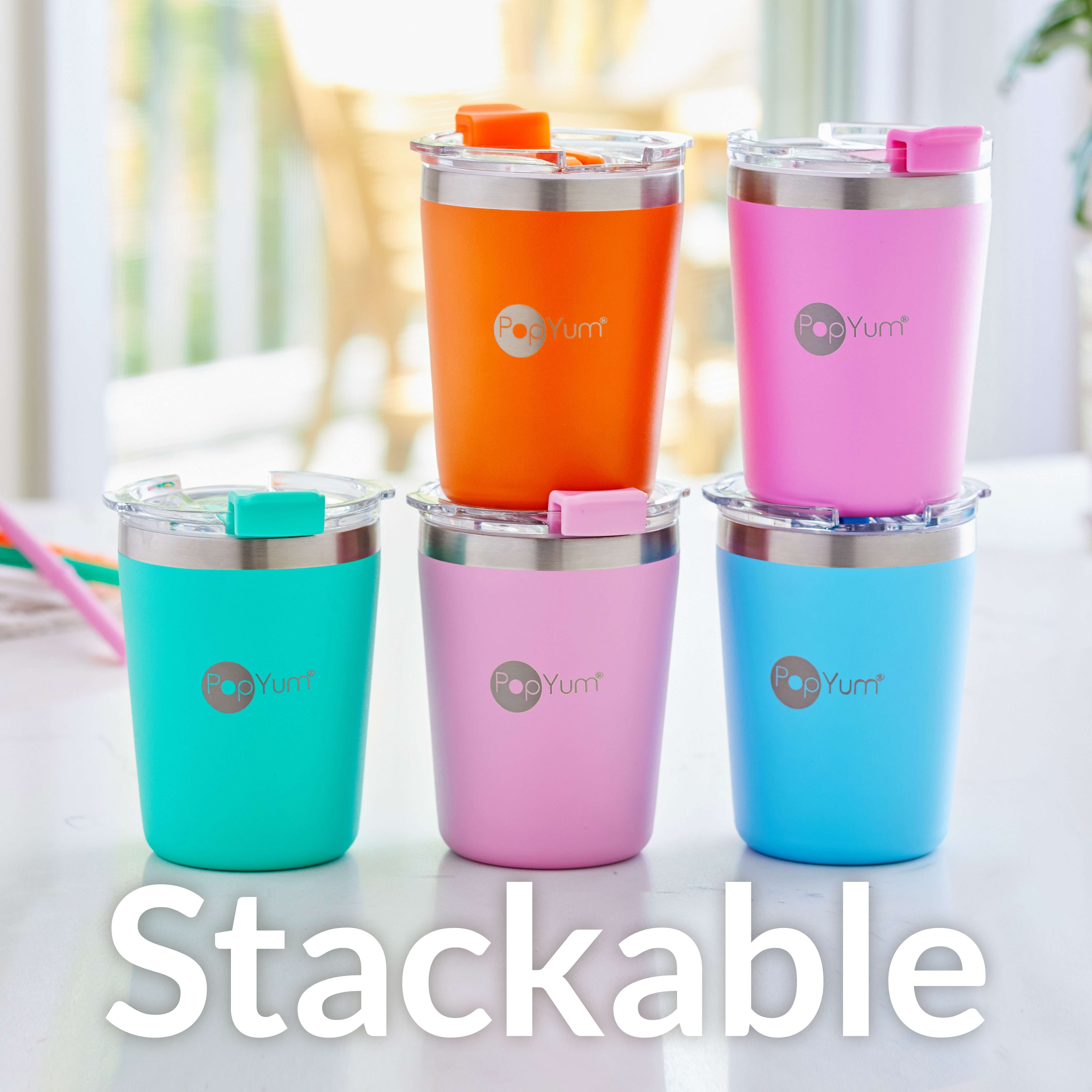 PopYum 9oz Insulated Stainless Steel Kids’ Cups with Lid and Straw, 2-Pack, Blue & Pink, stackable, sippy, baby, child, toddler, tumbler - PopYum
