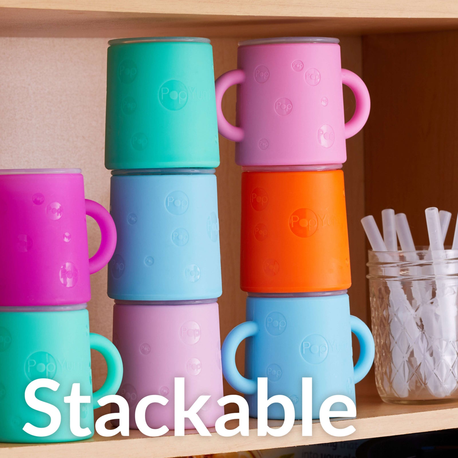 PopYum Silicone Training Cup with Straw Lid, 2-Pack for Baby, Infant and Toddler, Tumbler, Sippy, handles, 5 ounce (purple, pink) - PopYum