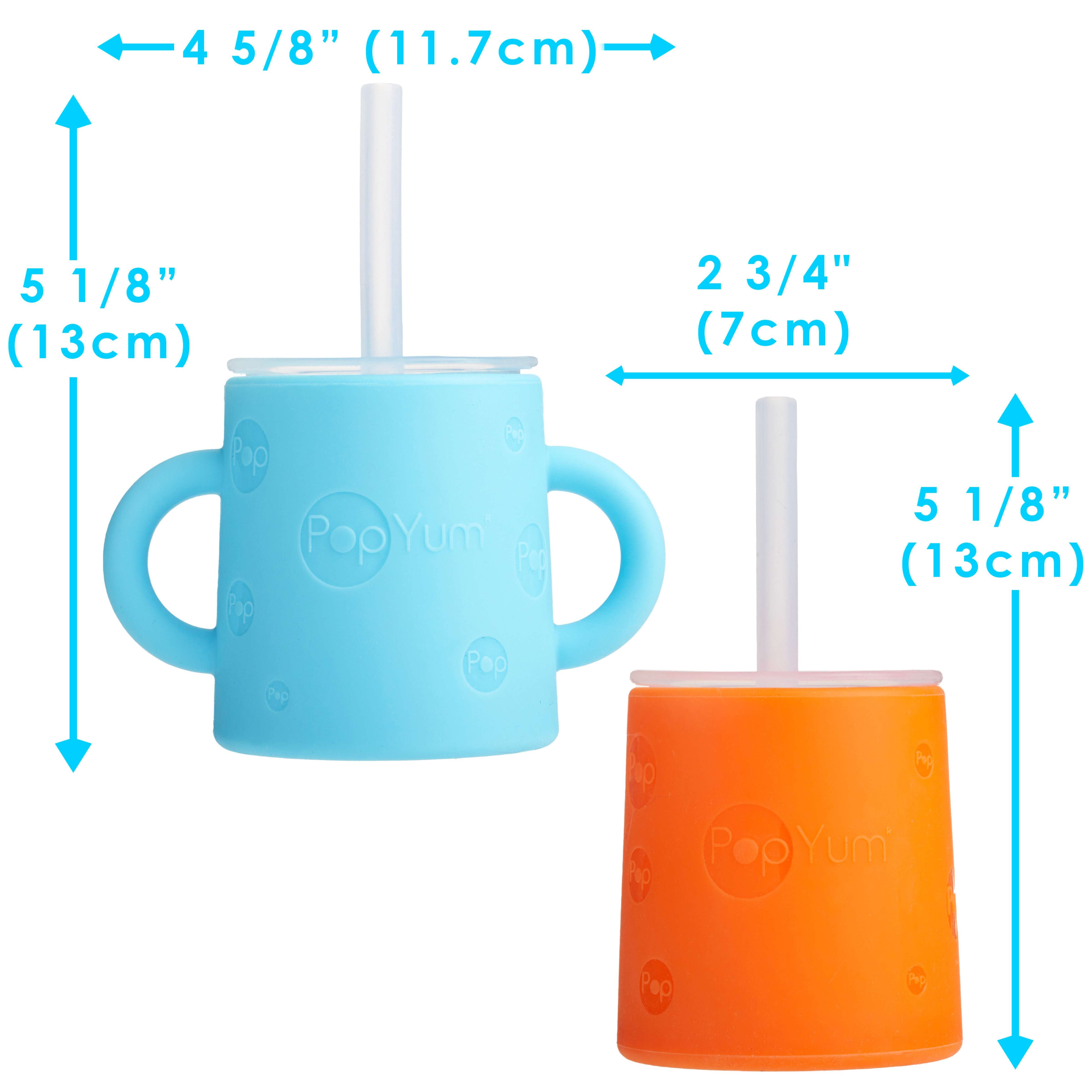 PopYum Silicone Training Cup with Straw + Lid 2-Pack for Baby, Infant and Toddler, Tumbler, Sippy, handles, 5 ounce (blue, orange) - PopYum