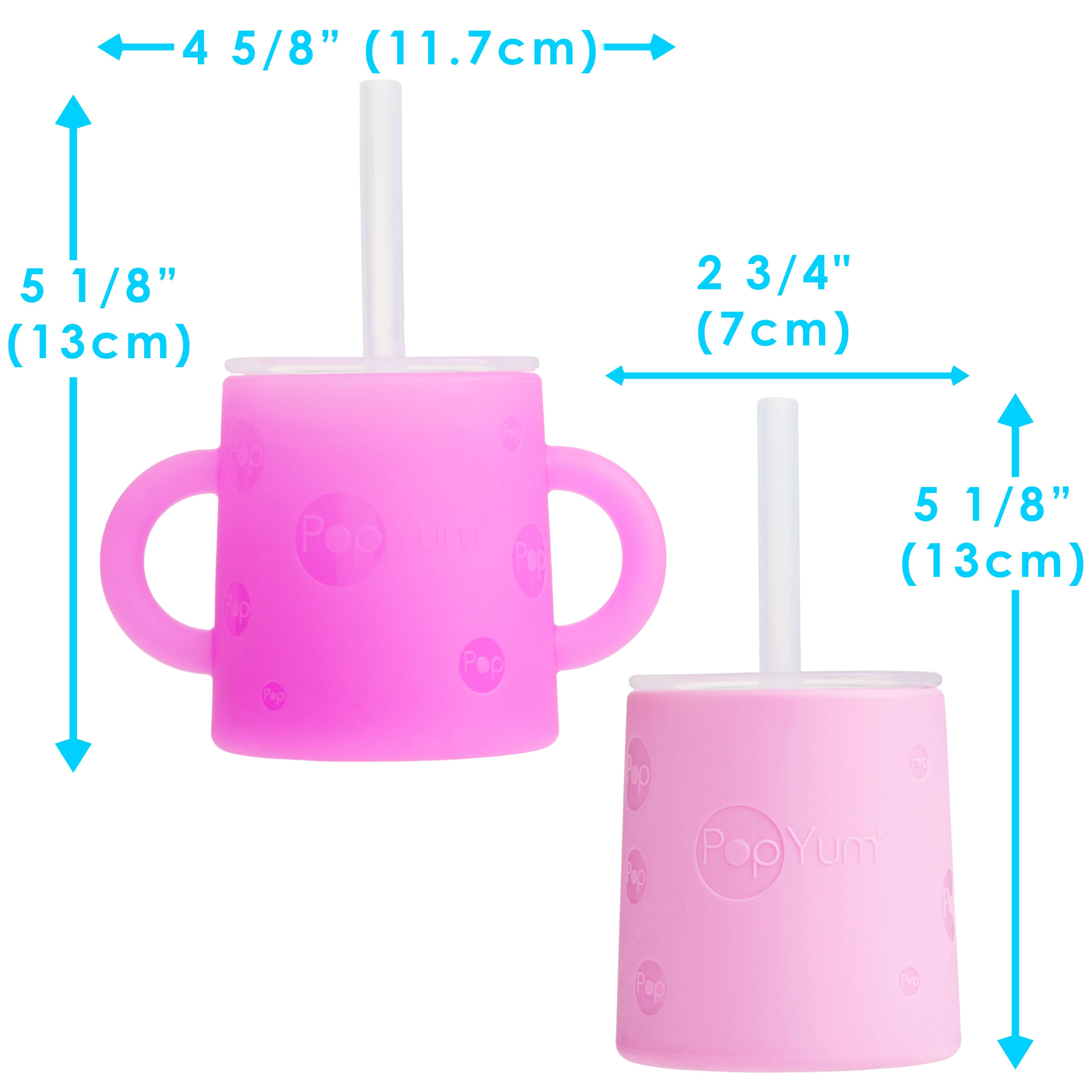 PopYum Silicone Training Cup with Straw Lid, 2-Pack for Baby, Infant and Toddler, Tumbler, Sippy, handles, 5 ounce (purple, pink) - PopYum