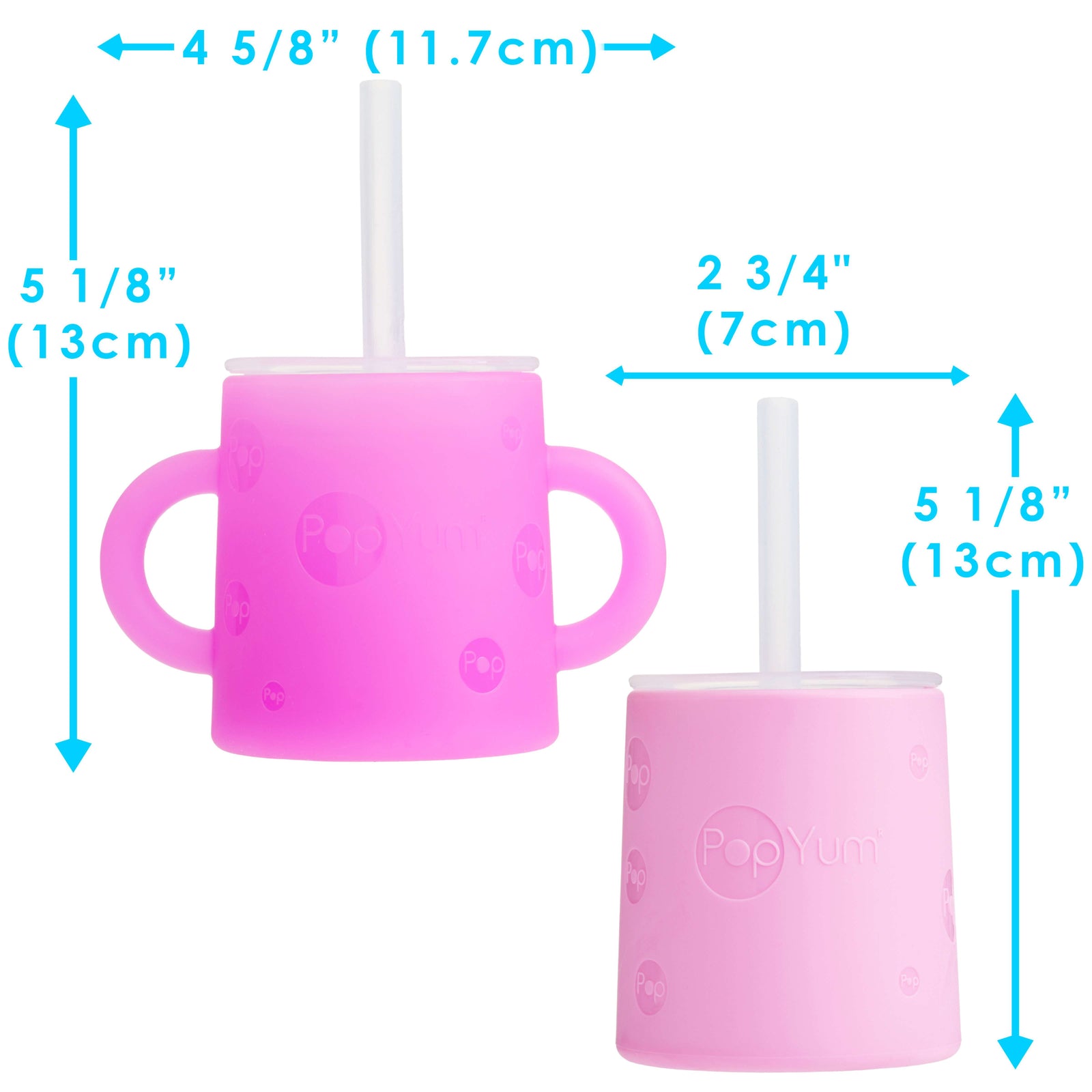 PopYum Silicone Training Cup with Straw Lid, 2-Pack for Baby, Infant and Toddler, Tumbler, Sippy, handles, 5 ounce (purple, pink) - PopYum