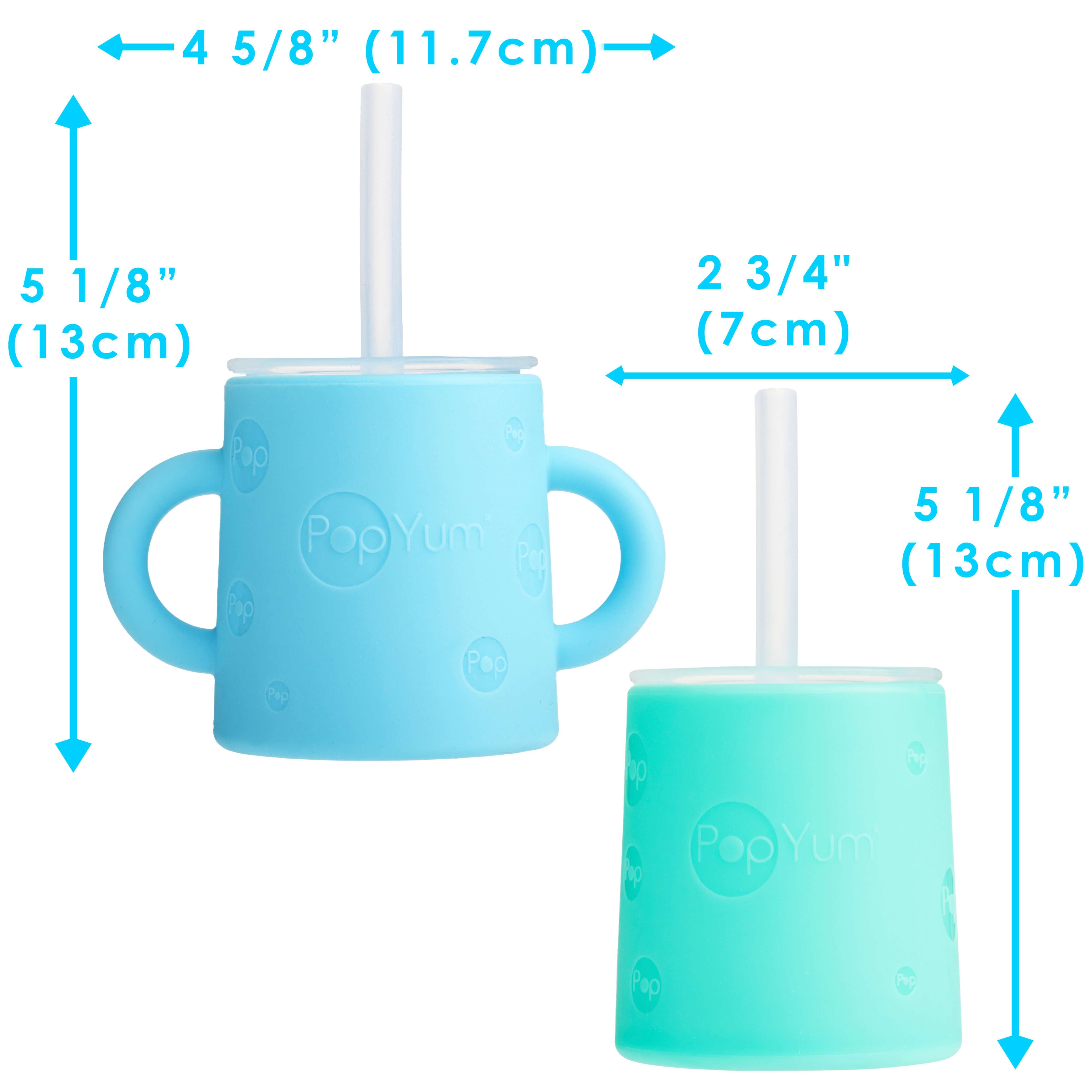 PopYum Silicone Training Cup with Straw Lid, 2-Pack for Baby, Infant and Toddler, Tumbler, Sippy, handles, 5 ounce (blue, green) - PopYum