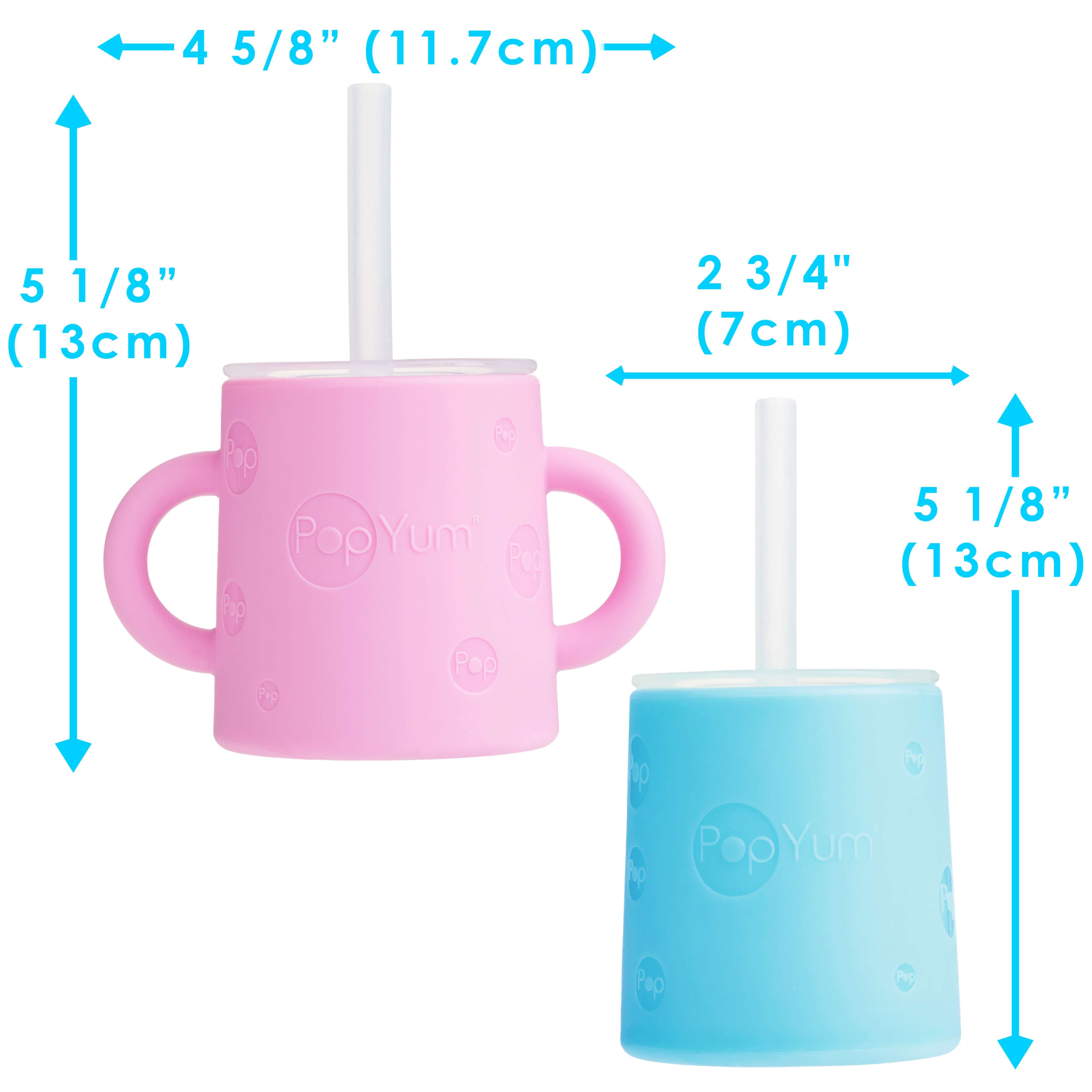 PopYum Silicone Training Cup with Straw Lid 2-Pack for Baby, Infant and Toddler, Tumbler, Sippy, handles, 5 ounce (blue, pink) - PopYum