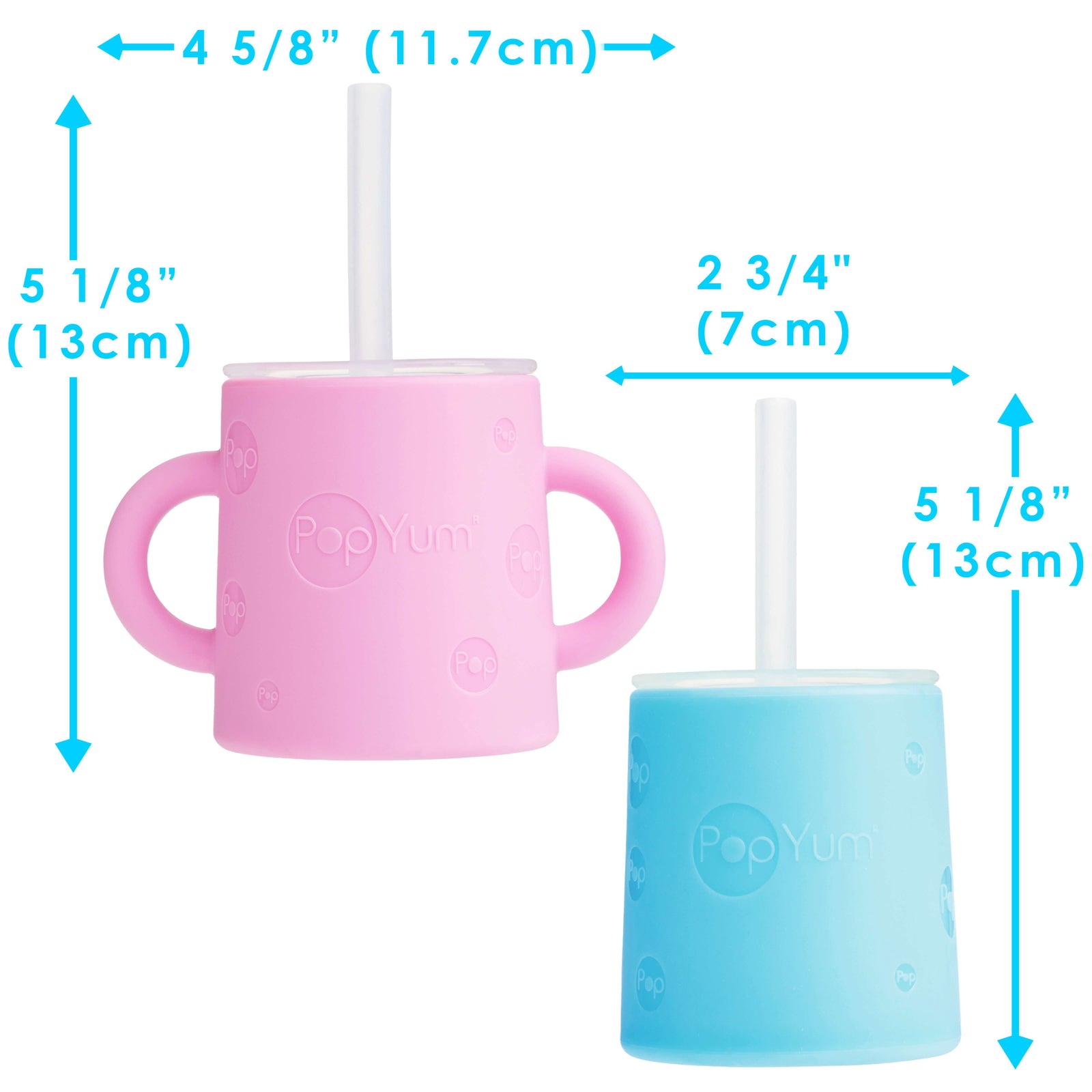 PopYum Silicone Training Cup with Straw Lid 2-Pack for Baby, Infant and Toddler, Tumbler, Sippy, handles, 5 ounce (blue, pink) - PopYum