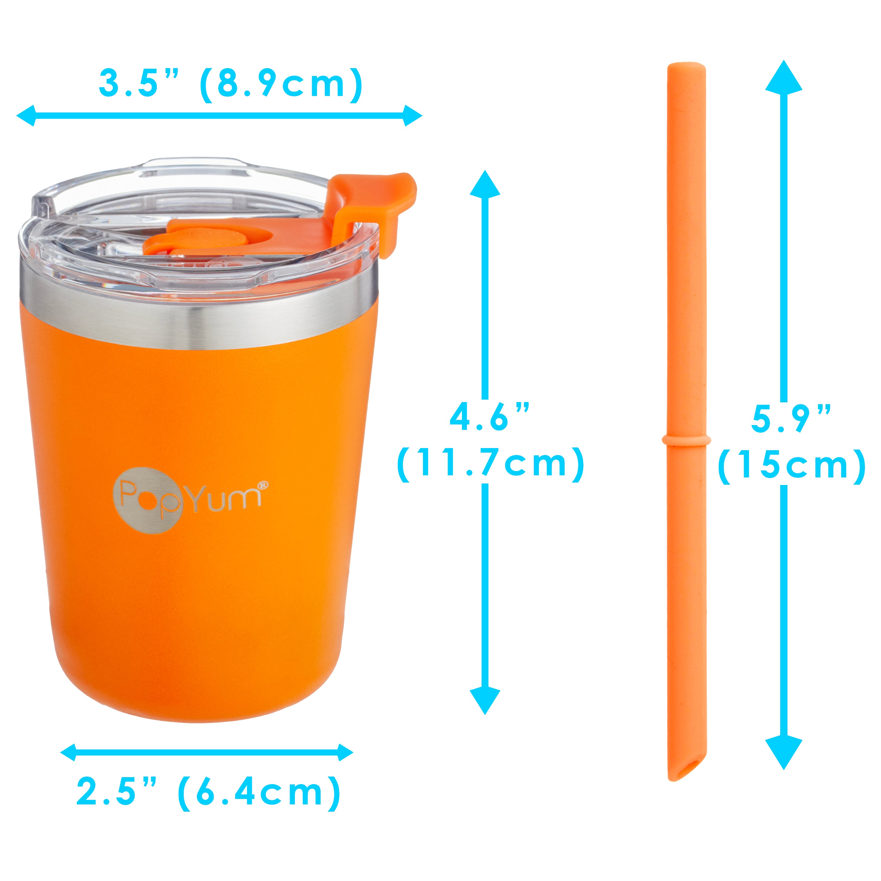 PopYum 9oz Insulated Stainless Steel Kids’ Cups with Lid and Straw, 2-Pack, Orange & Blue, stackable, sippy, baby, child, toddler, tumbler - PopYum