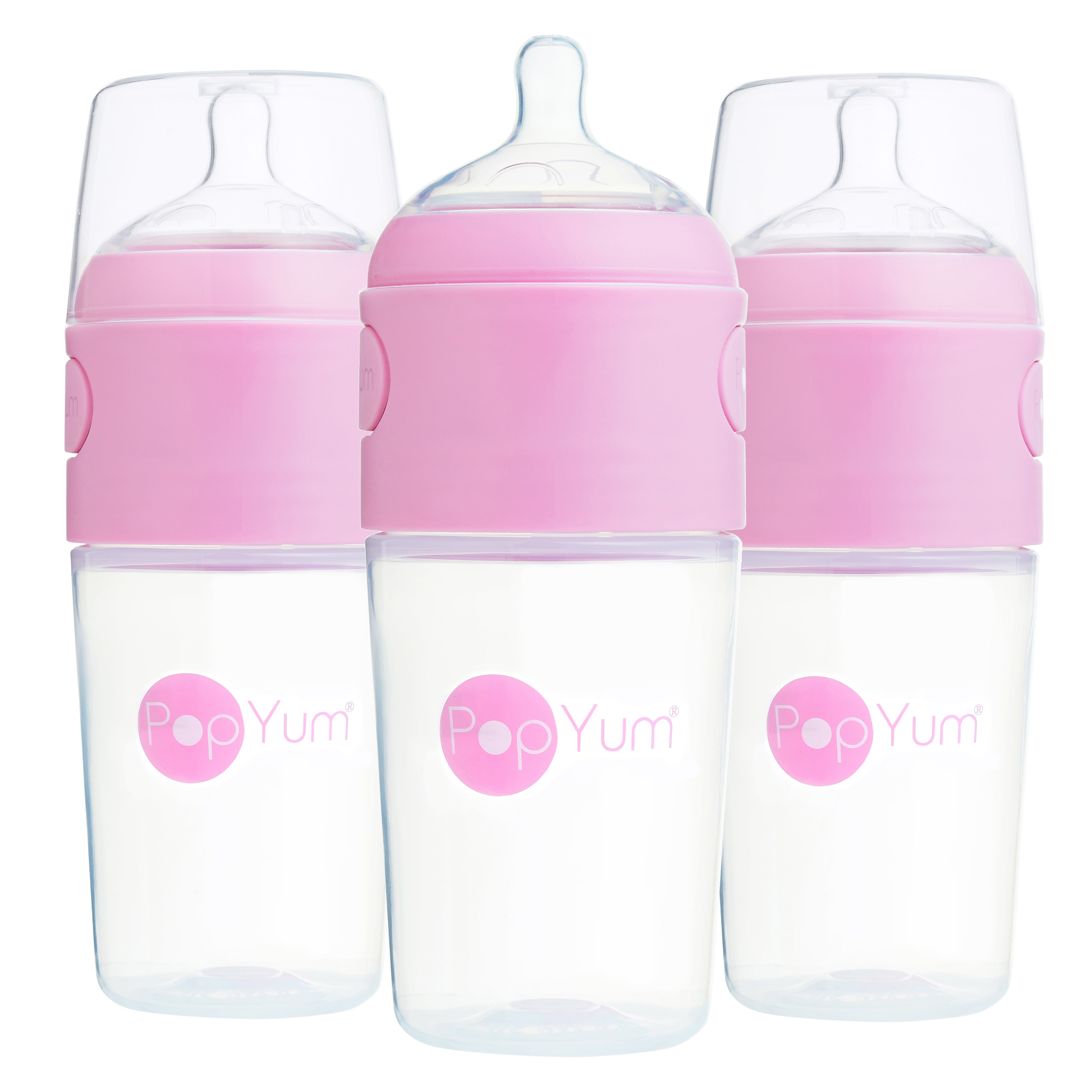 PopYum 9oz Anti-Colic Baby Bottle for Breast and Formula Feeding, 3-Pack, Pink, #2 Medium Flow Nipples - PopYum