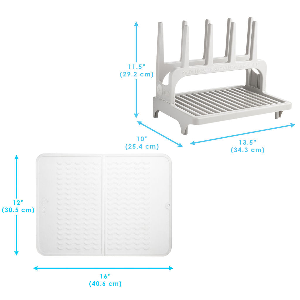 PopYum Seattle Gray Drying Rack from 100% Recycled Bottles with Silicone Drying Mat, countertop for Baby Bottle, Plastic Bags, Cups, Compact - PopYum